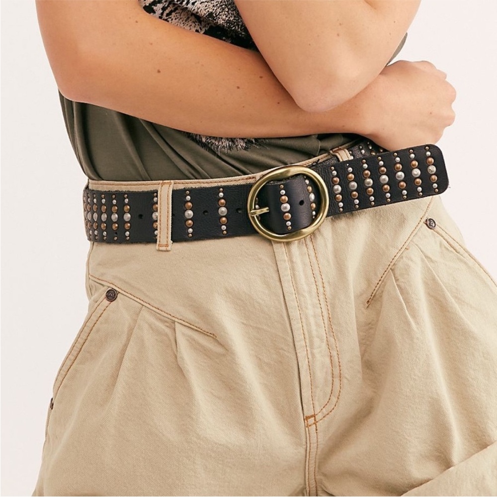 Free People Black Studded Leather Belt with Gold Buckle